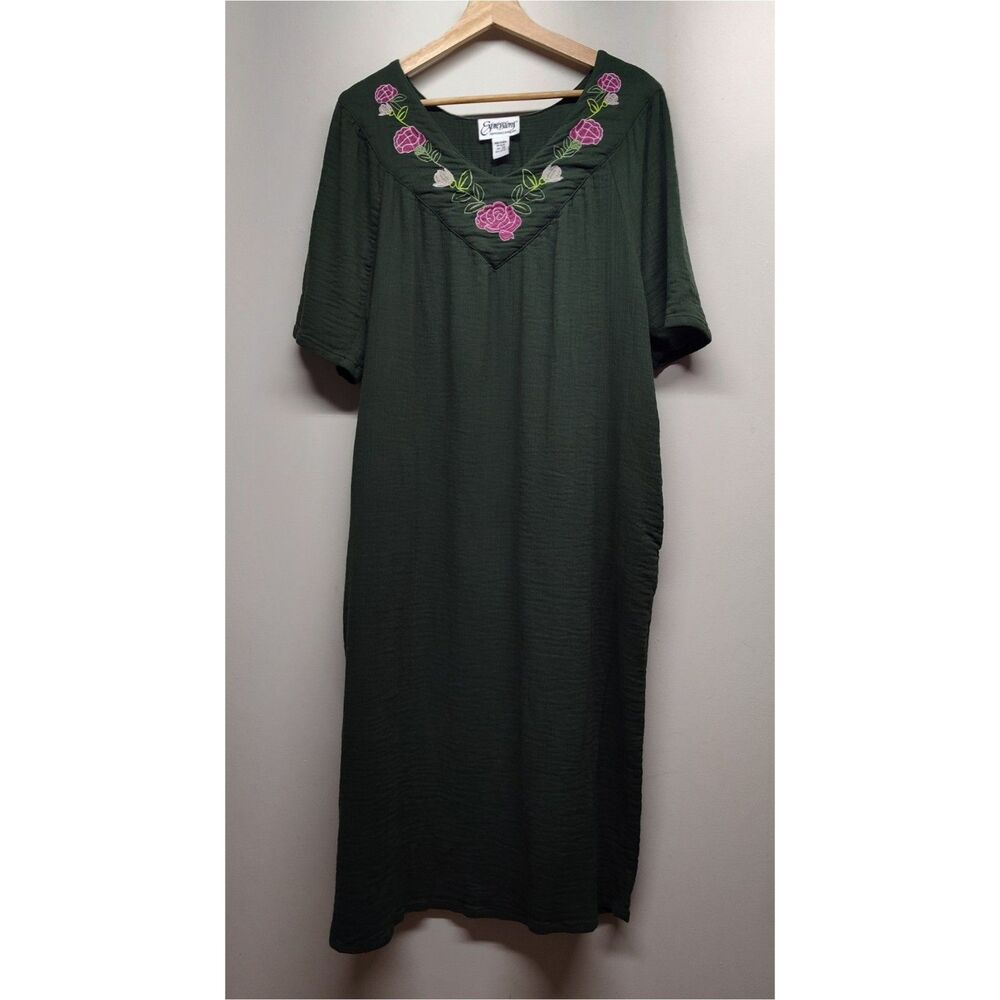Expressions Midi Dress Women 2X Green Floral Embroidered Cotton Cottagecore